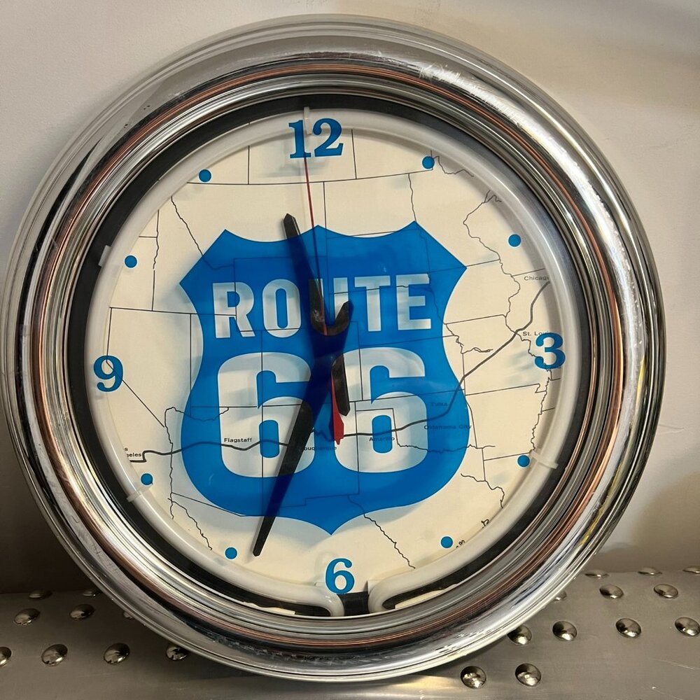 Vintage Route 66 Silver Neon Clock - 12 Inch Diameter - Battery Operated